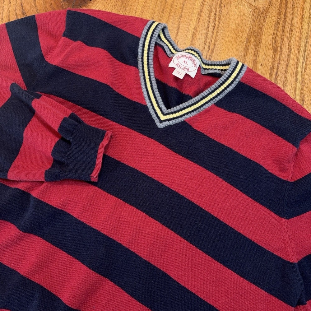 Brooks Brothers V‎ Neck Sweater Mens XL Tennis Cricket Wool Cotton Striped